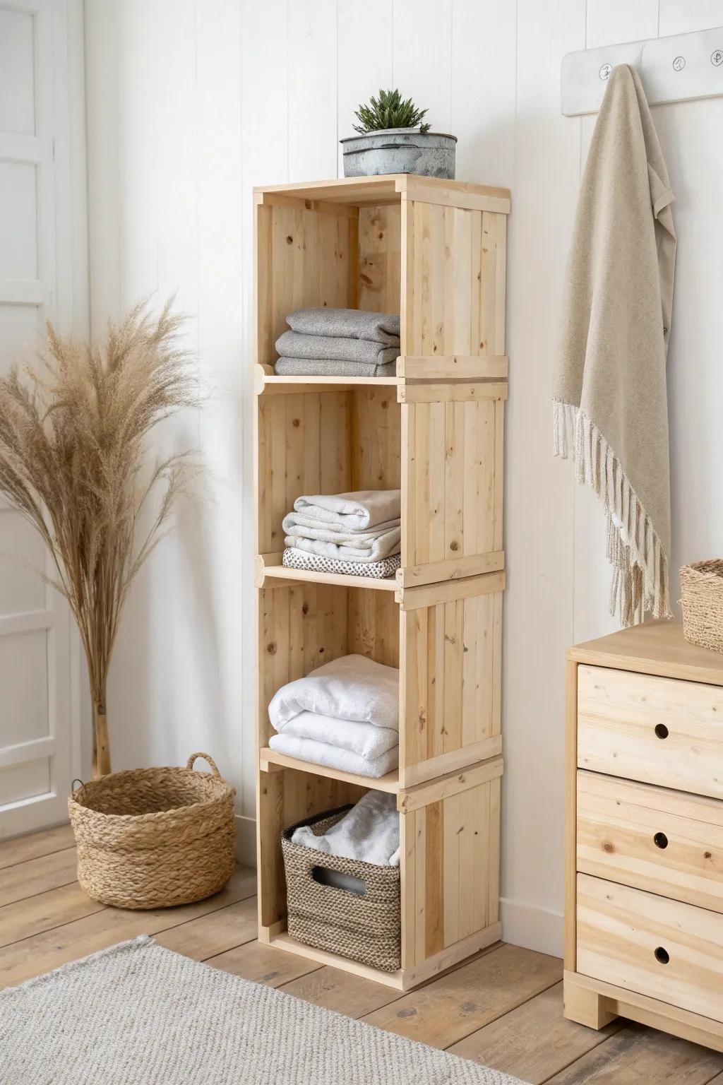 Stacked wooden crates turned into a chic cubby dresser—modular, rustic, and splinter-free.