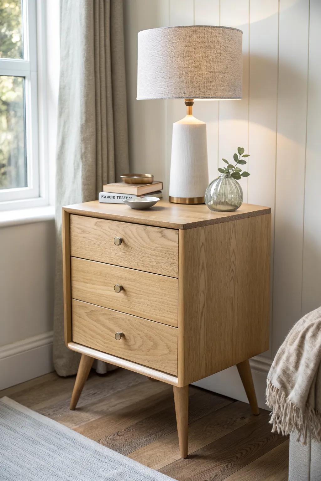 A compact dresser angled into the corner makes a chic, space-saving nightstand nook.