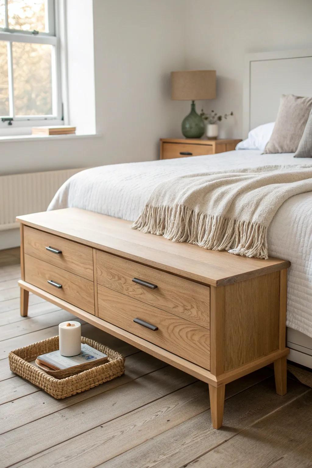 Go long and low: a sleek oak dresser at the bed’s foot for modern lines and extra storage.