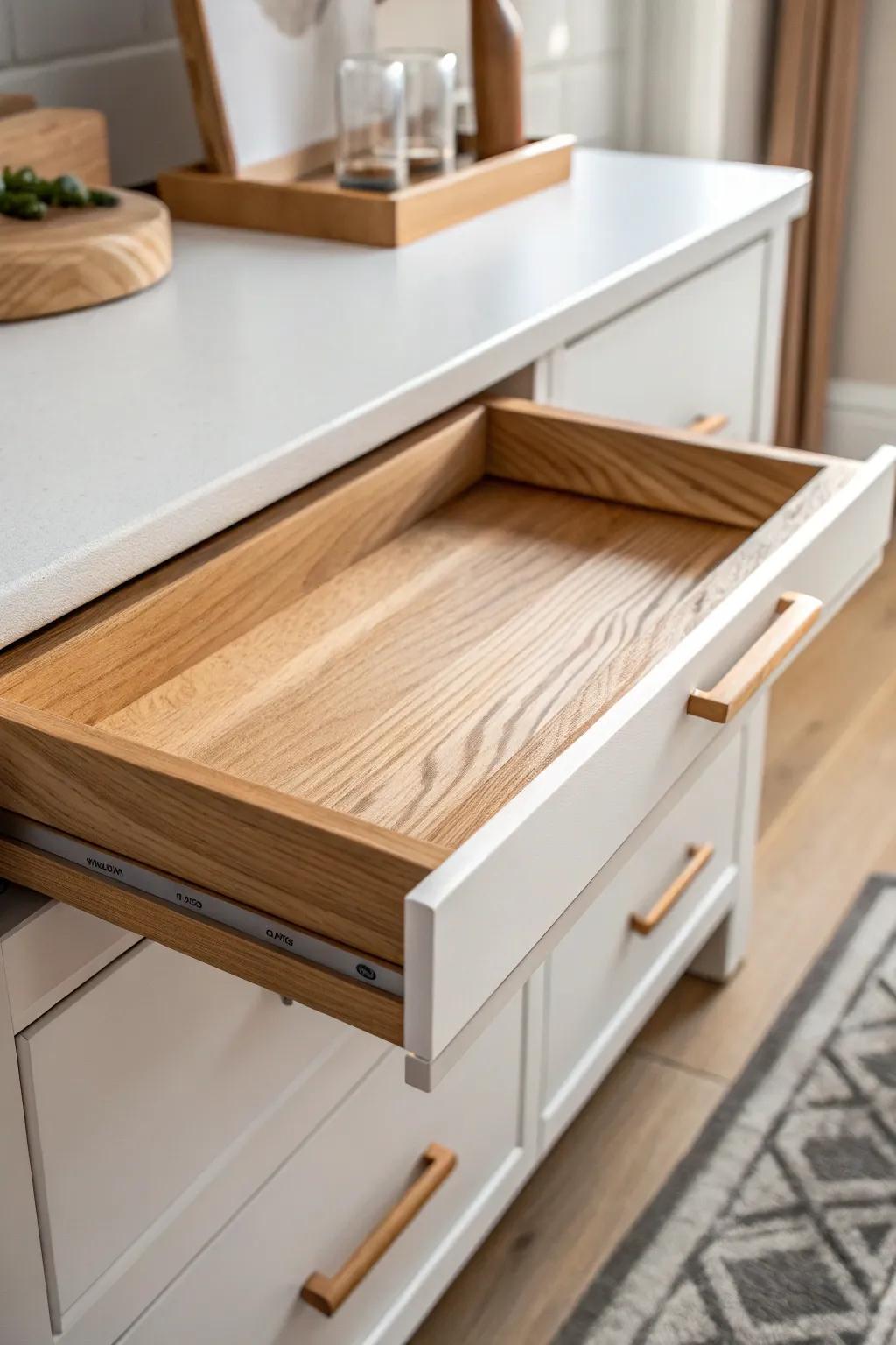 Shallow pull‑out serving tray turns a dresser bar into a tidy garnish-and-glass station.