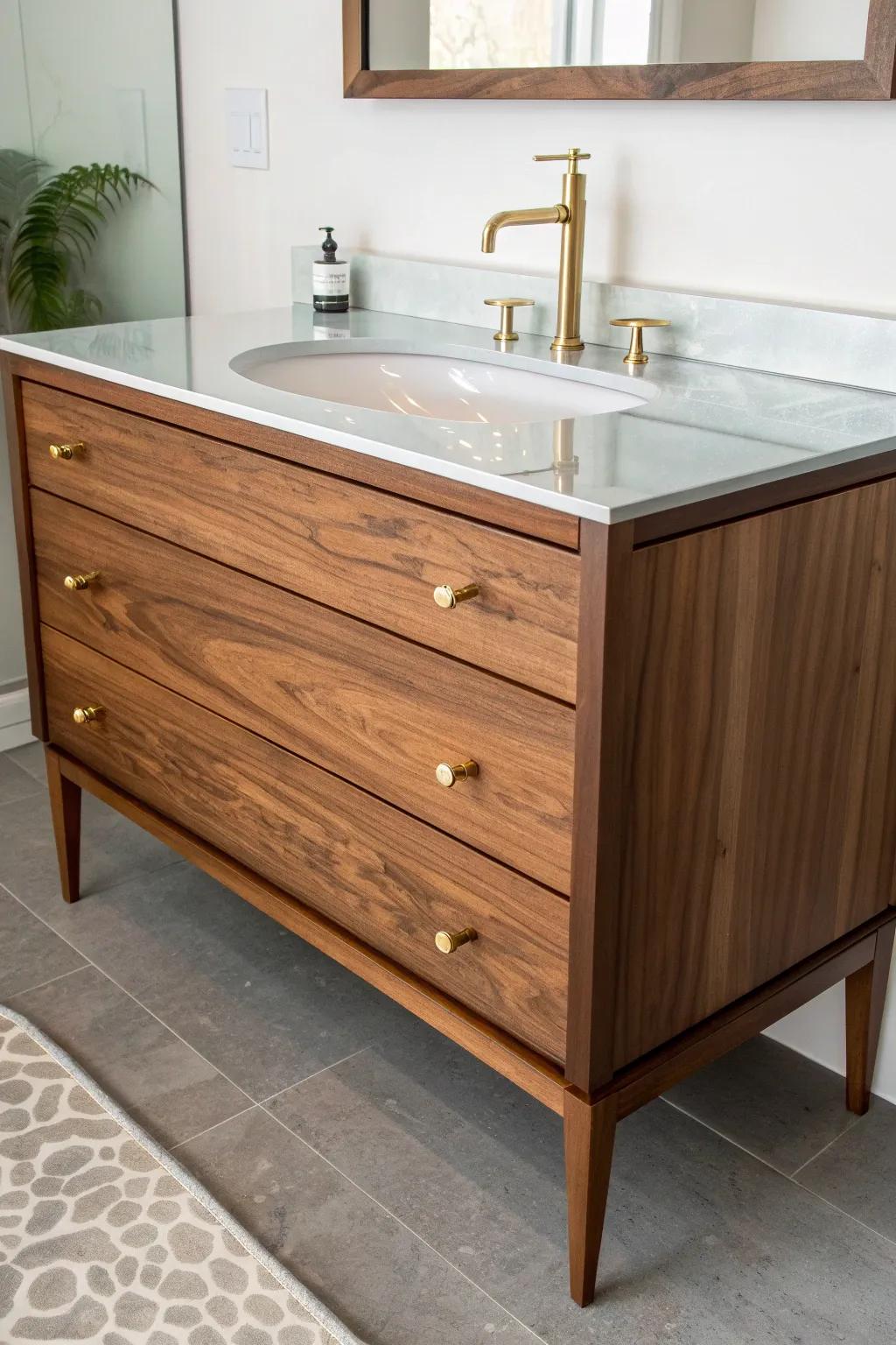 A glassy resin-sealed wood top turns a dresser vanity into a waterproof showpiece.