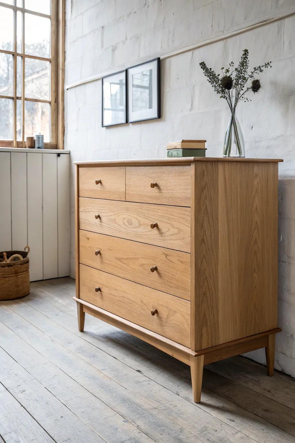 Dipped-color dresser: natural wood on top, bold terracotta base for instant designer style.