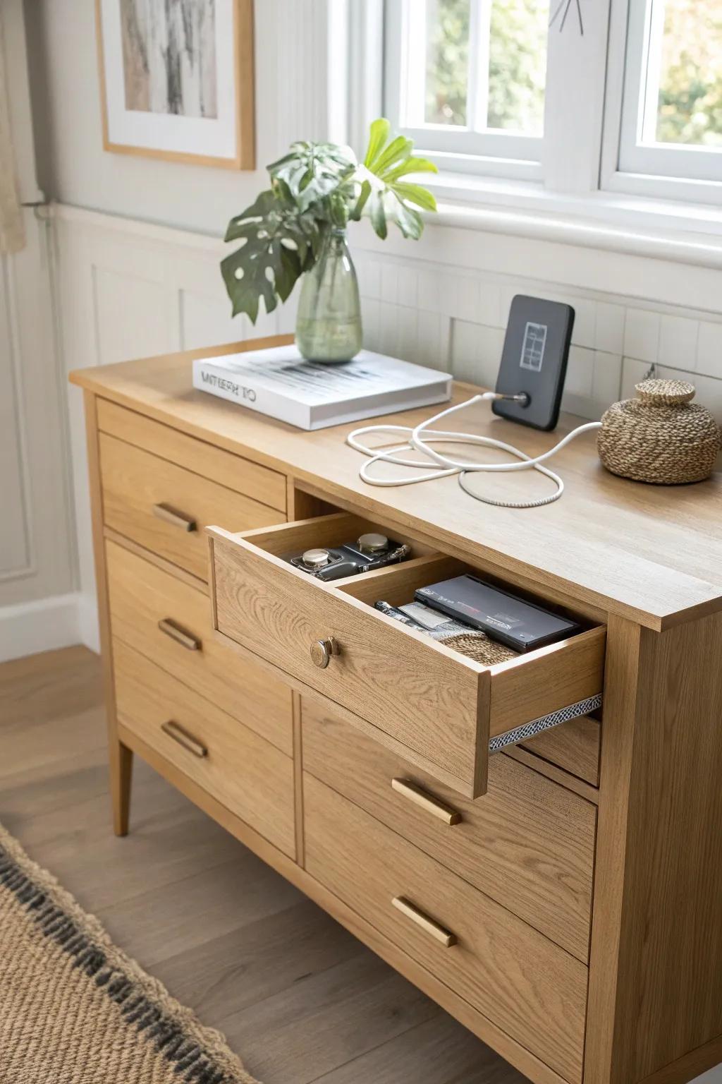 A hidden charging drawer keeps your dining room dresser sleek—devices powered, cords out of sight.