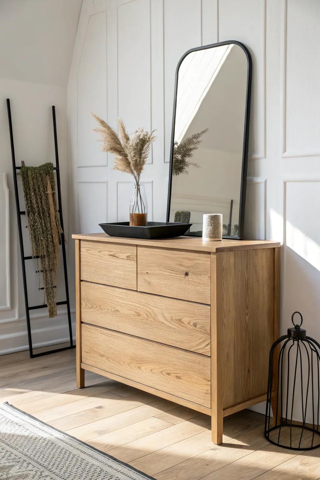 Rustic oak + matte-black metal accents—simple contrast that looks modern in the mirror.