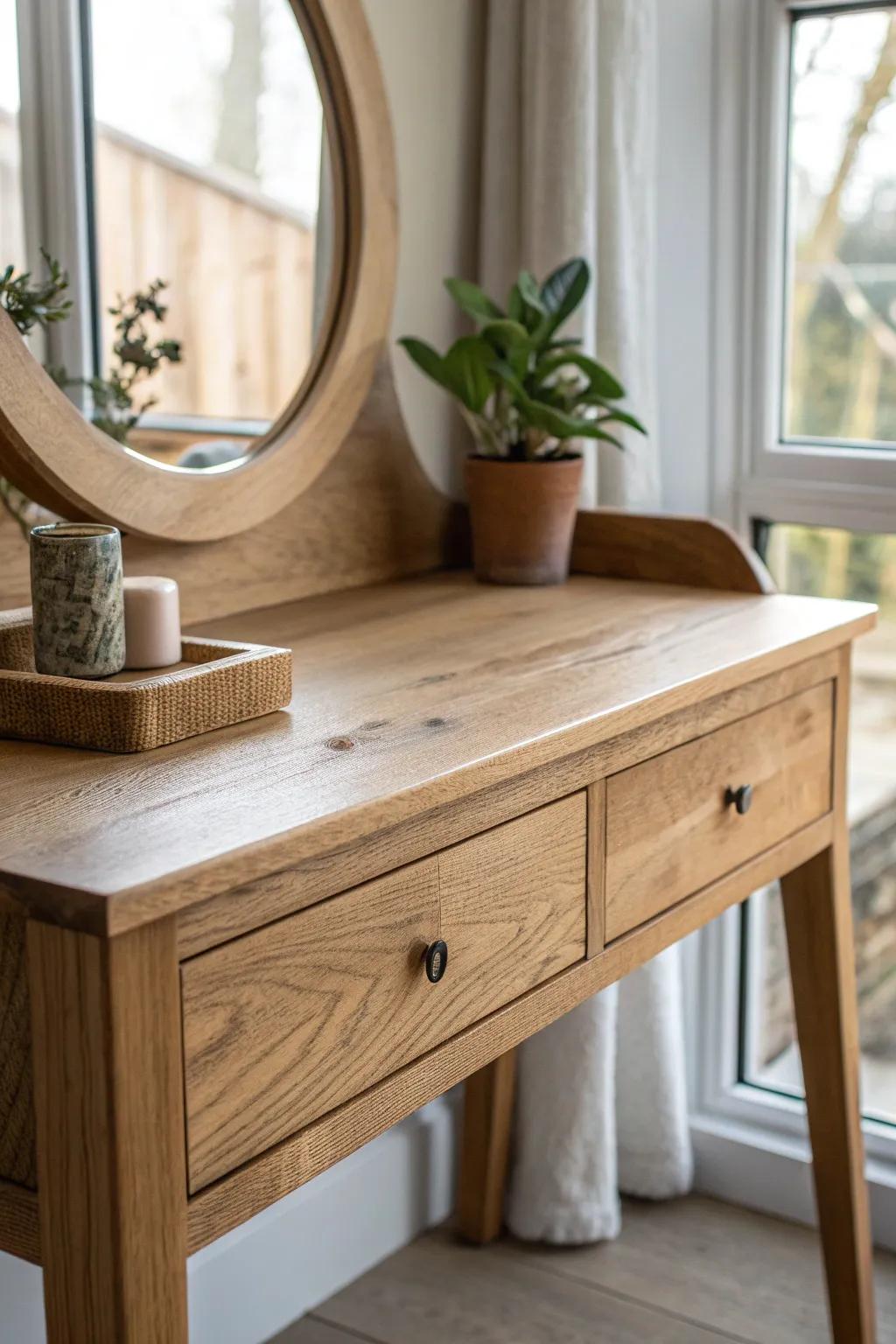 Let rustic wood grain shine—warm, minimal, and beautifully imperfect dressing table decor.
