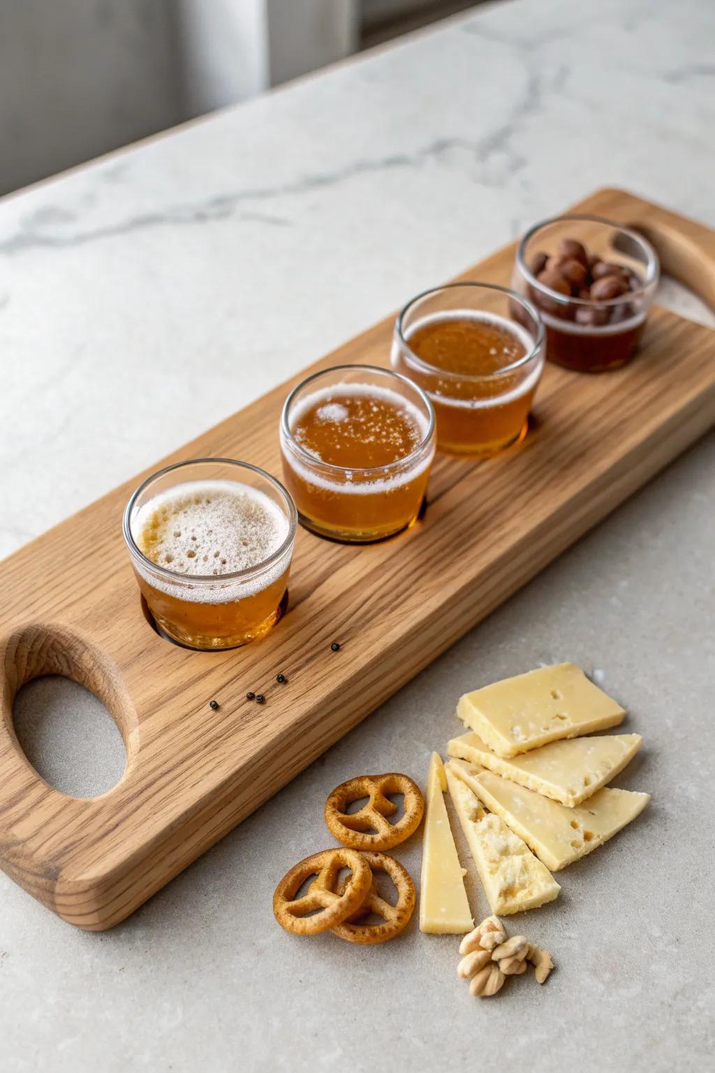 Beer flight pairing board: a DIY wood paddle with cup holes, plus pretzels and sharp snacks.