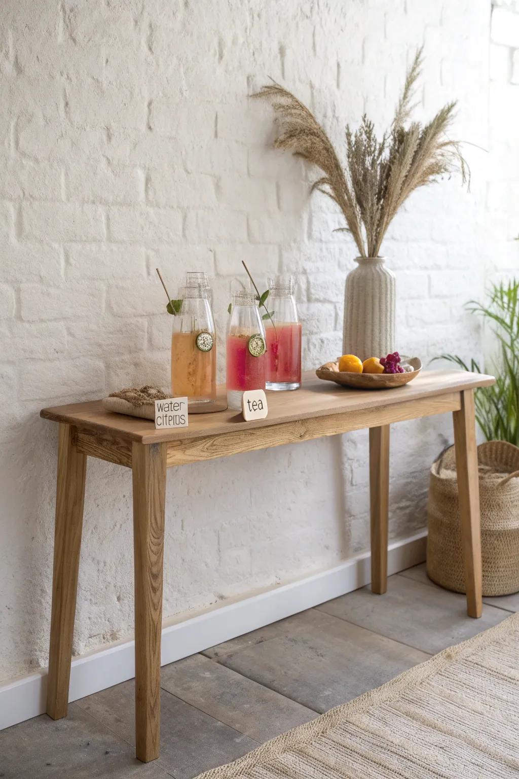 A slim oak console keeps drinks in a clear lineup—wood tags make serving effortless.