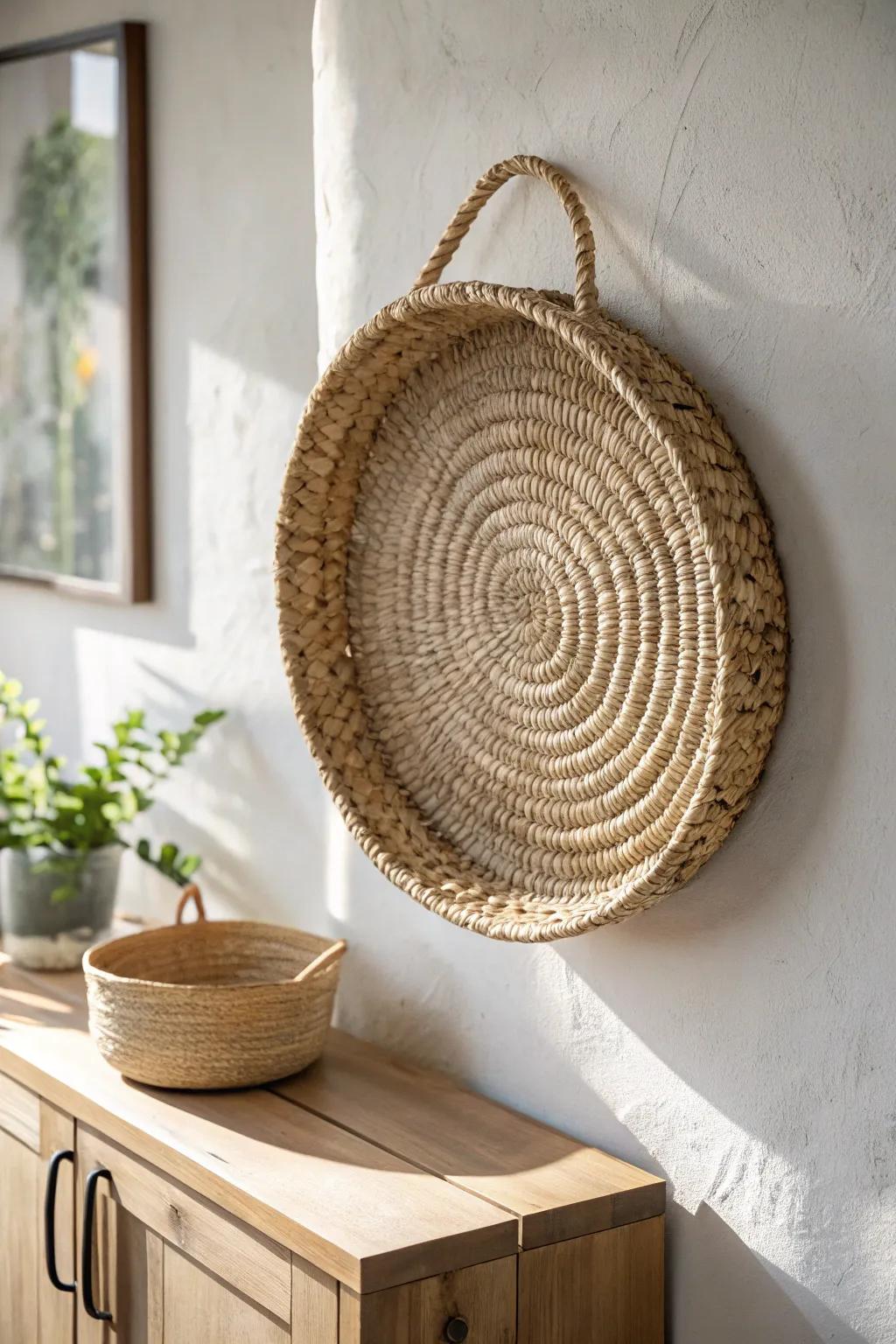 A single woven basket turns a blank wall into warm, earthy art—minimal, boho, beautiful.