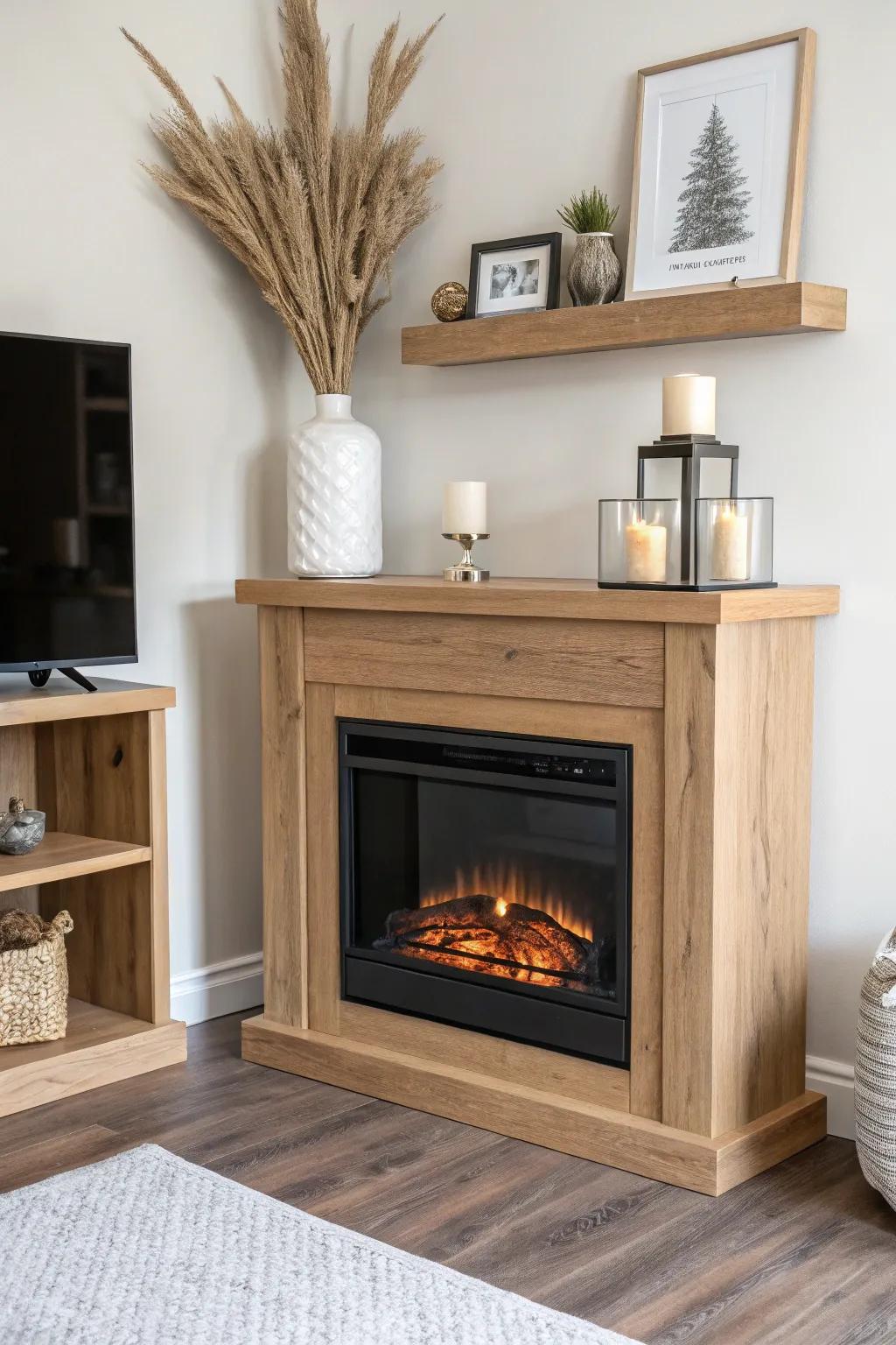 A cozy corner electric fireplace mantel in light oak—minimal lines, warm glow, big impact.