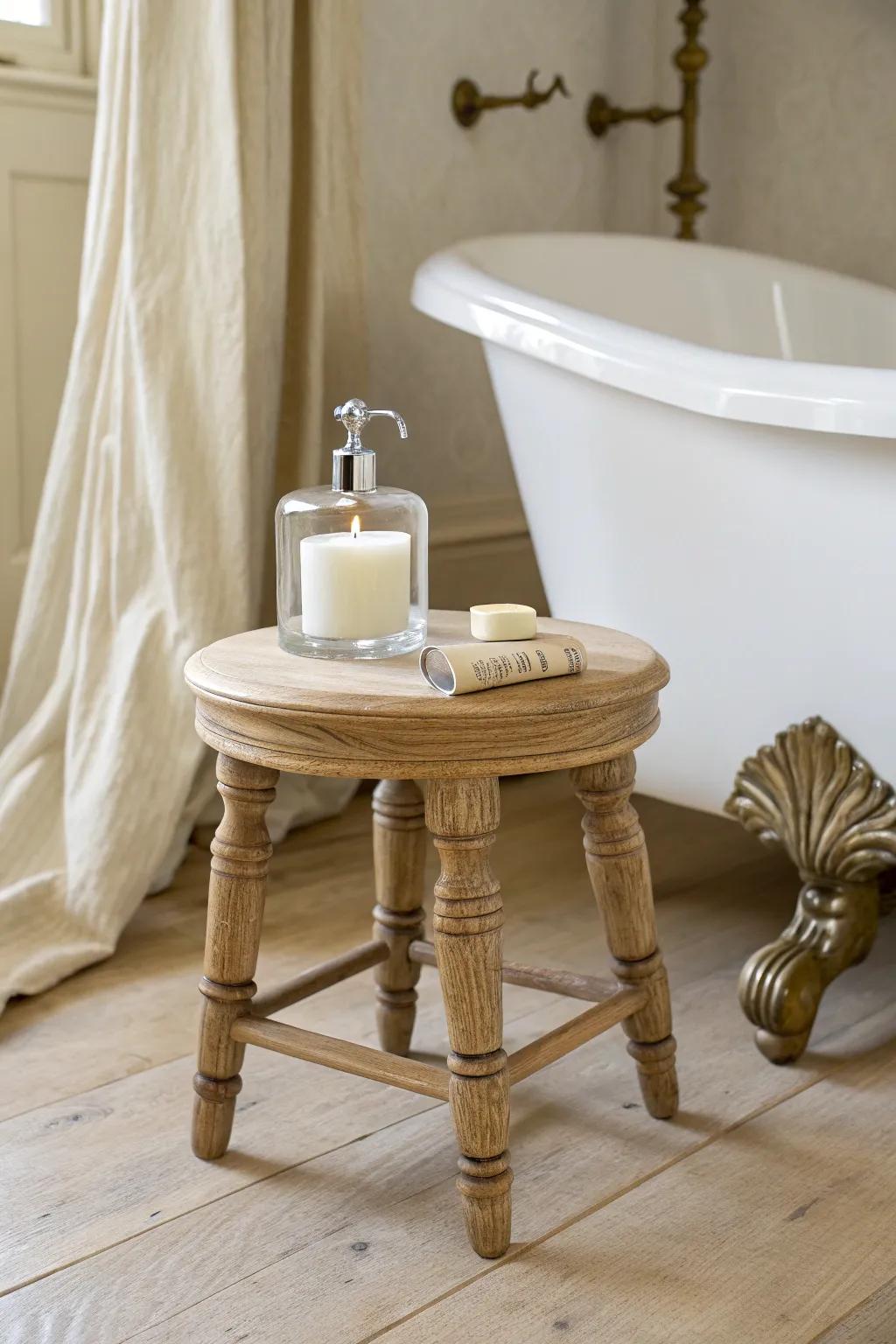A pretty wooden stool beside the tub—perfect for candles, books, and spa-like charm.