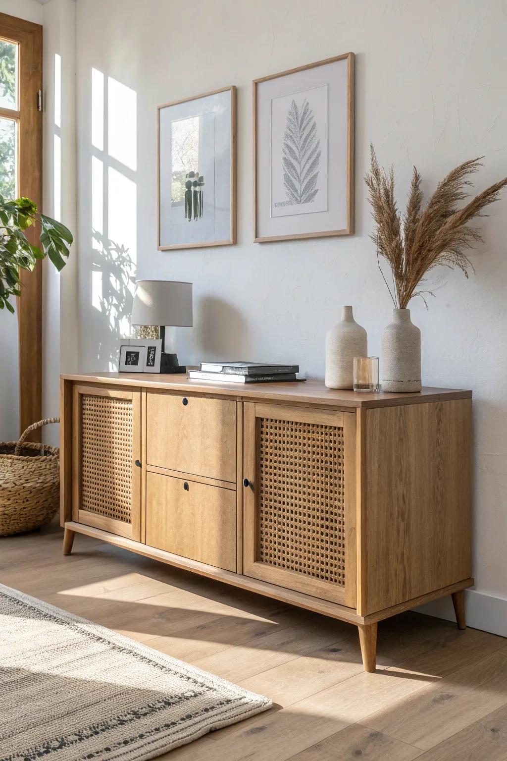A low oak credenza keeps printers and paper hidden—instant hotel-suite elegance and order.