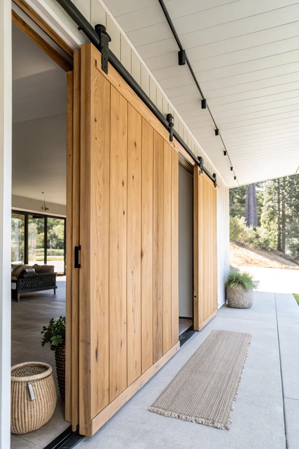 Sliding wood panels let your covered garage walkway shift from breezy open-air to storm-ready.