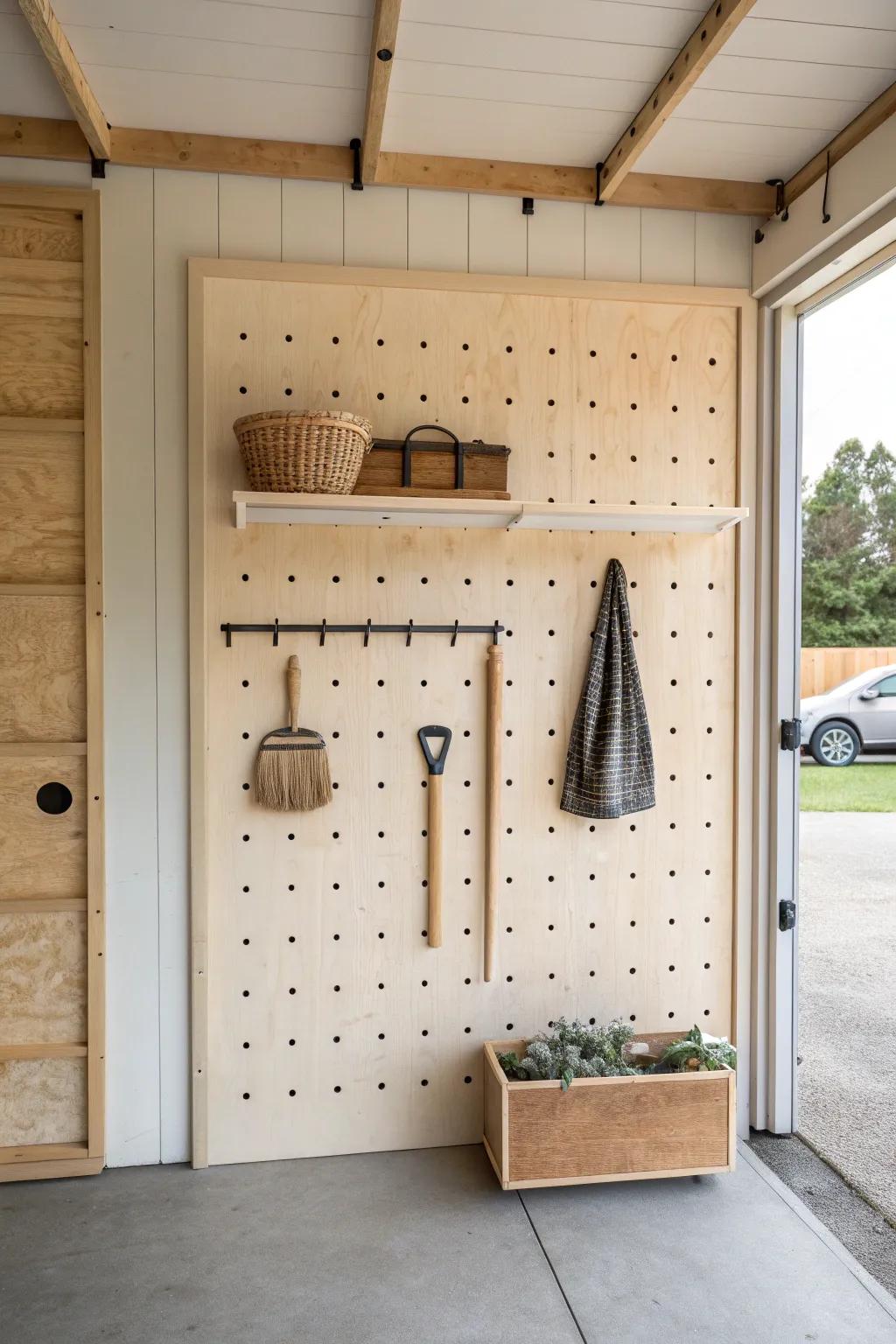A built-in pegboard storage wall that instantly makes an enclosed carport feel finished.