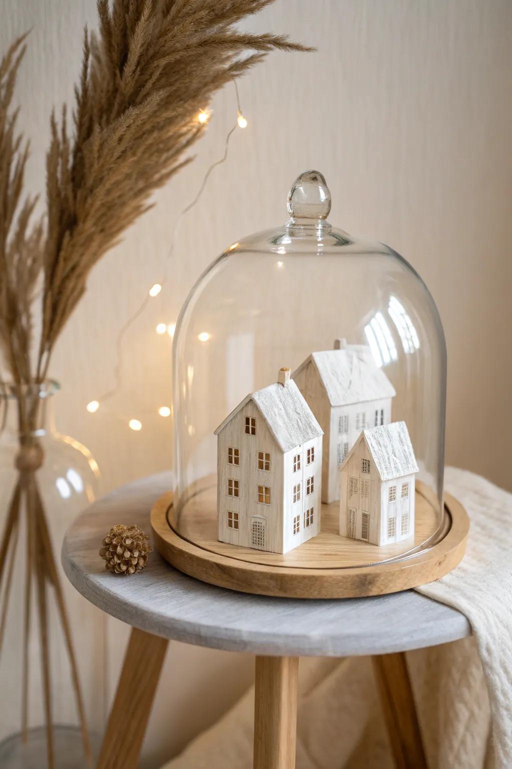 A glass cloche turns a tiny whitewashed wood village into a chic end-table Christmas centerpiece.