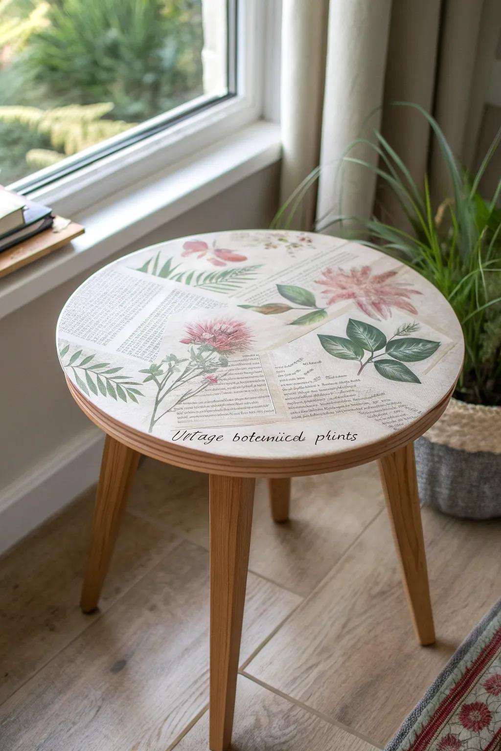 Decoupage paper collage sealed under a crystal-clear coat for an instant, artful end table top.