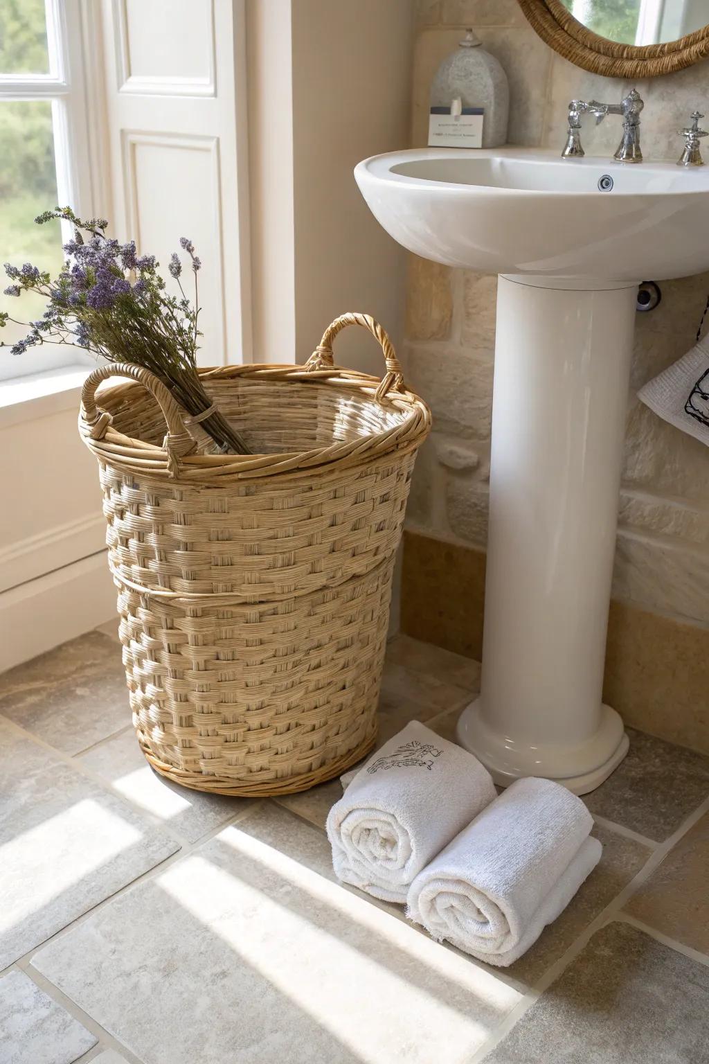 A tall wicker basket keeps cottage bathroom storage soft, simple, and beautifully tidy.