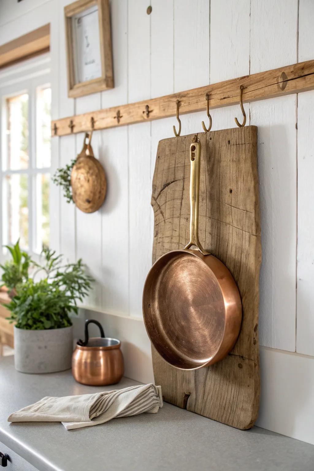 Warm copper on reclaimed wood—an English cottage kitchen detail with timeless charm.