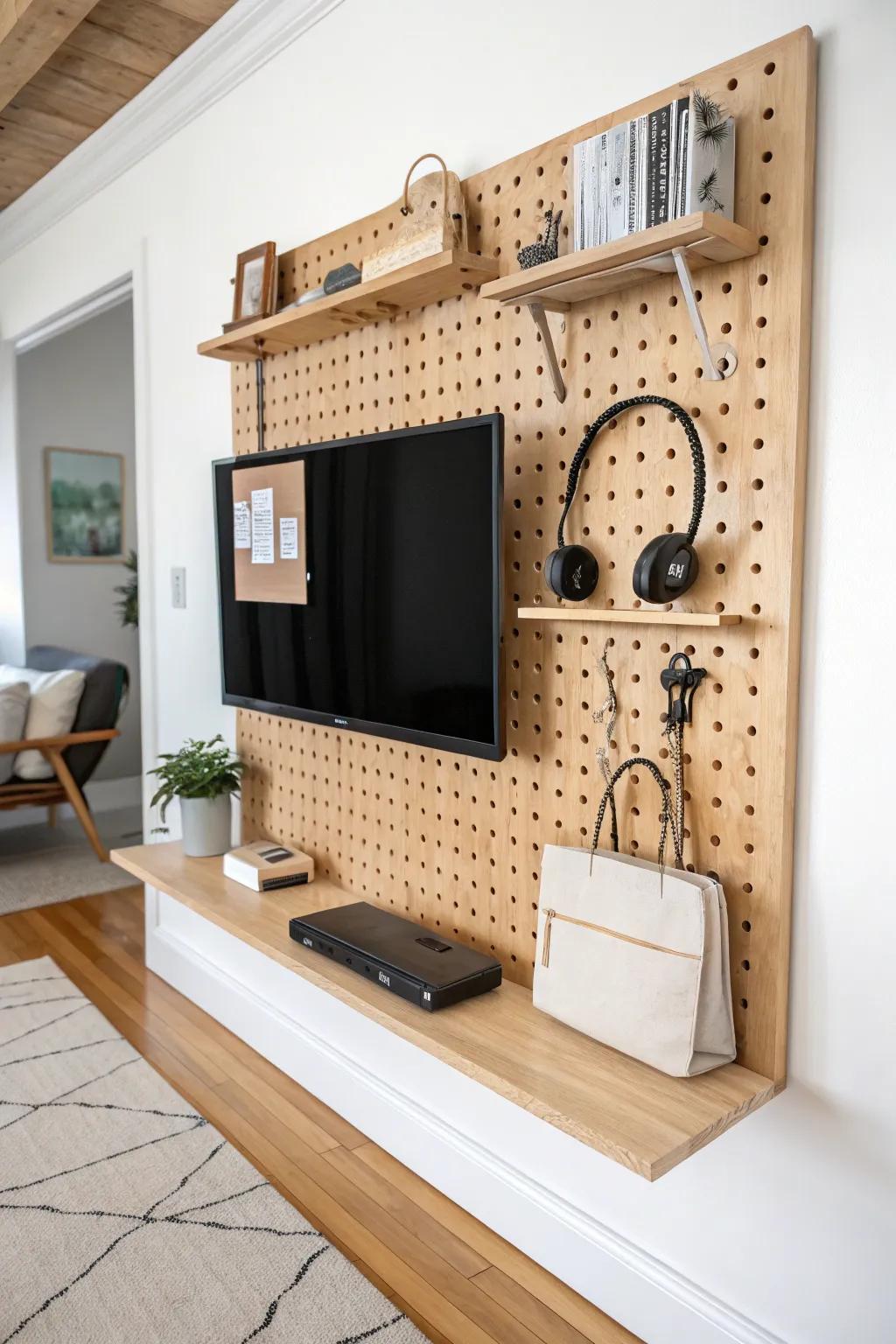 A tidy wood-framed pegboard wall turns TV clutter into a styled organizer for small spaces.