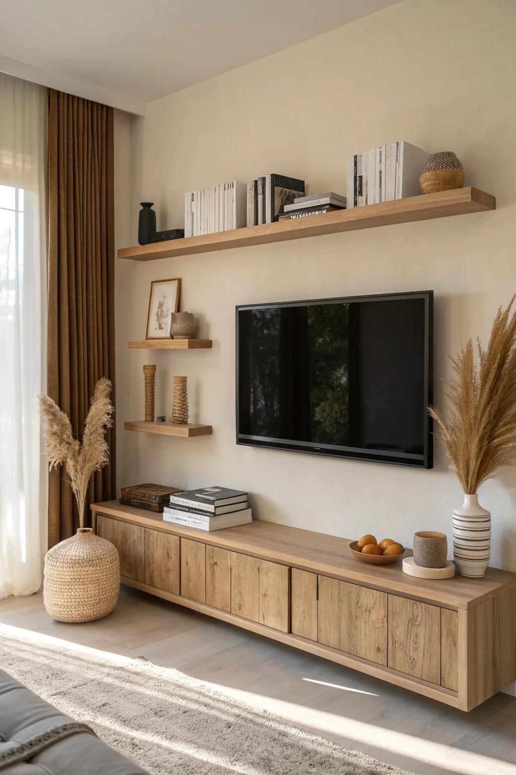 Staggered plywood box shelves frame a wall-mounted TV with calm, crafted depth and contrast.