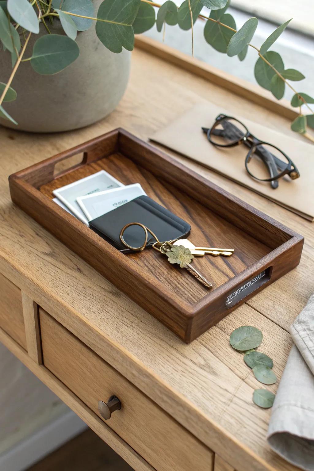 A handcrafted wooden catchall tray keeps your entryway chest calm, styled, and functional.
