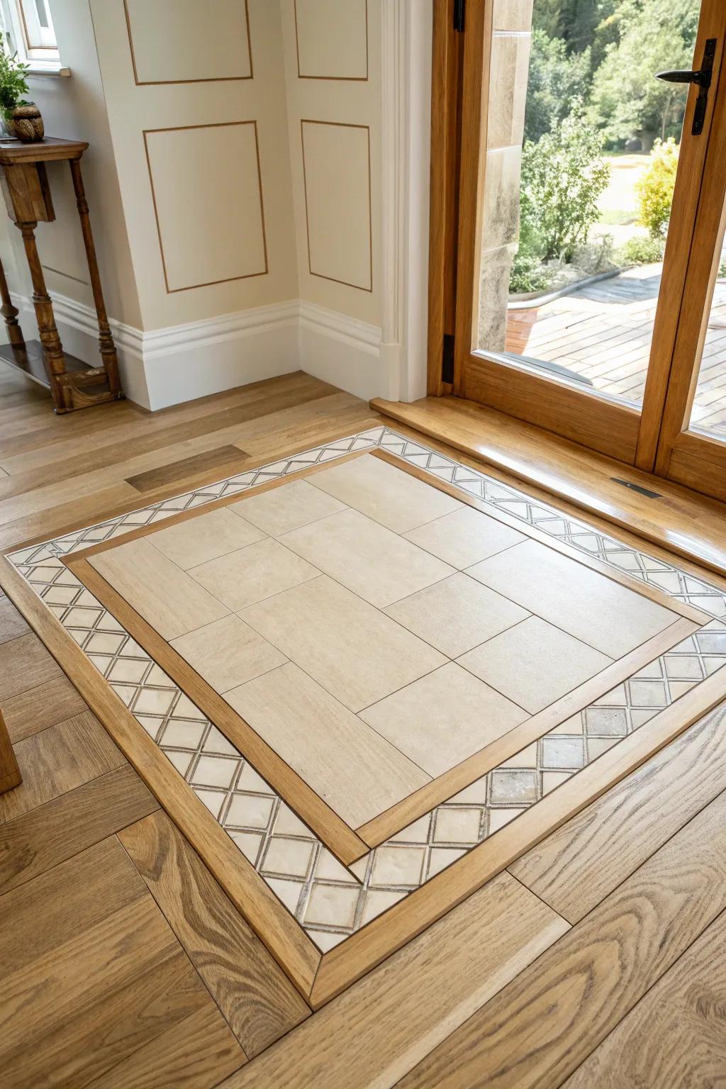 Tile center + oak frame: a refined entryway inlay that welcomes wet boots in style.