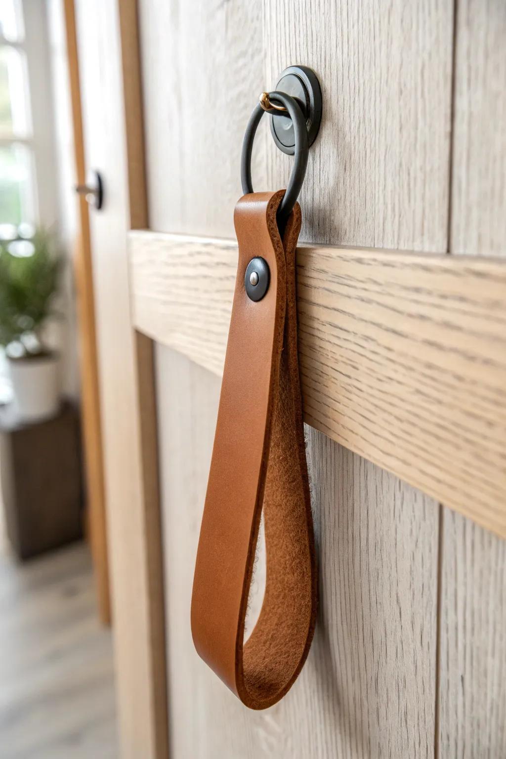 Cognac leather loop strap hook: quiet, sturdy, and a warm Scandinavian entryway detail.