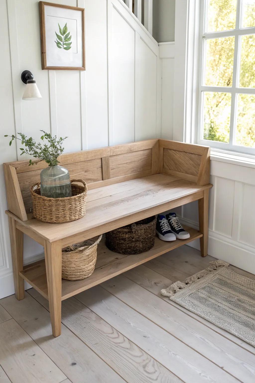 A space-saving L-shaped corner bench turns an awkward entryway corner into seating and storage.