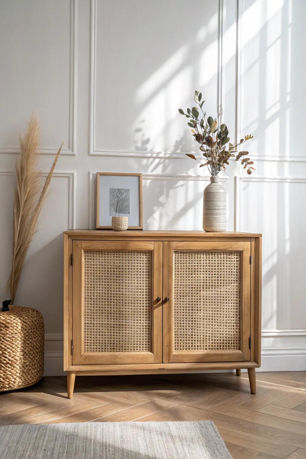 Airy cane-door sideboard: warm oak texture, clean lines, and a cozy entryway feel.