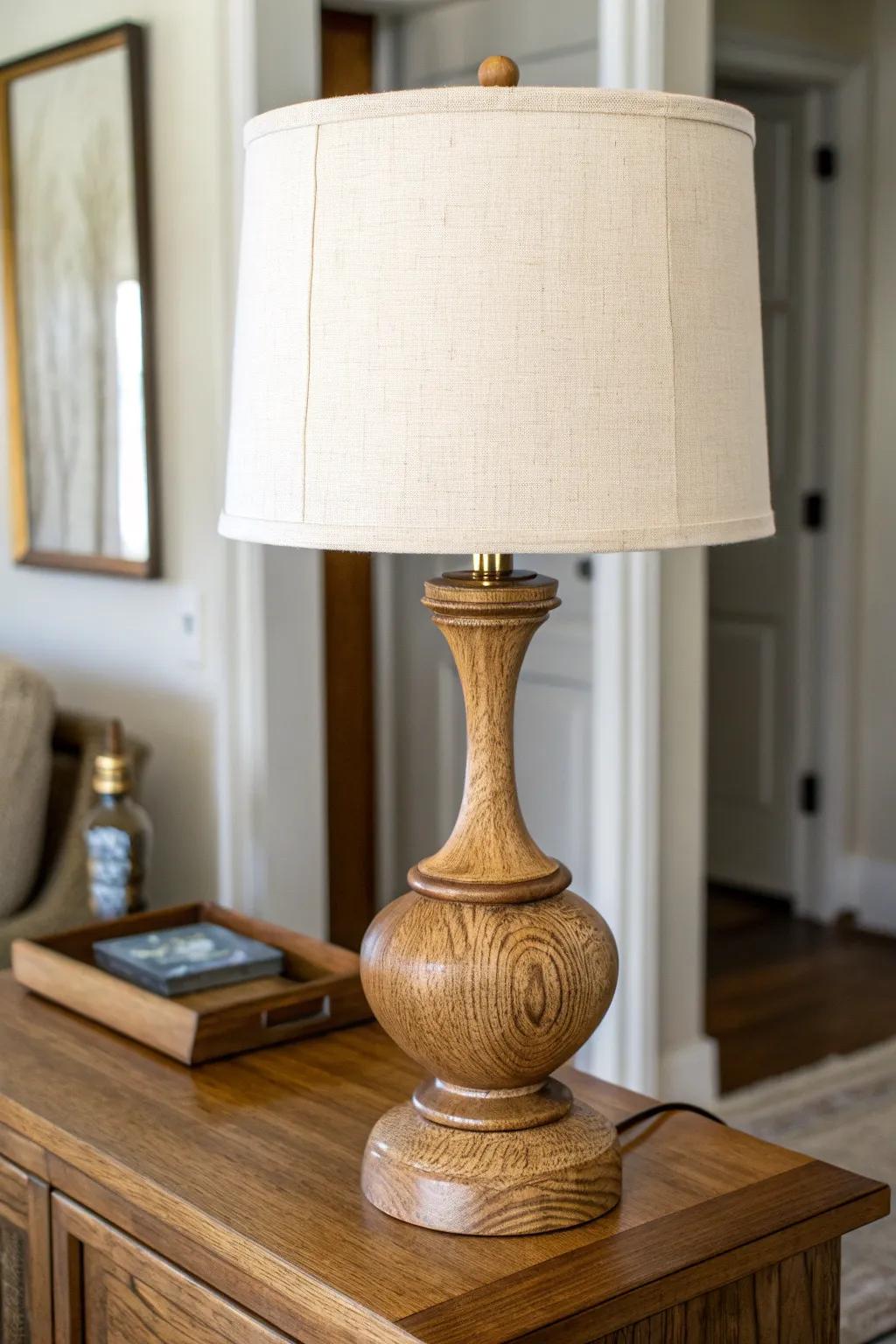 Thrifted lamp, refinished wood base + fresh linen shade—an easy entryway upgrade with charm.