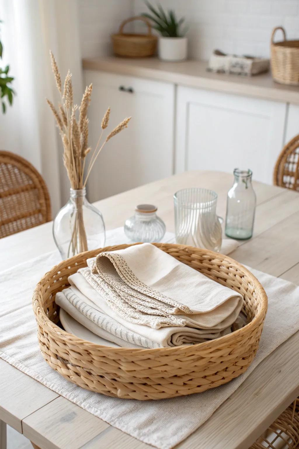 A woven basket, soft linen napkins, and a tiny vase—easy, calm, everyday table style.