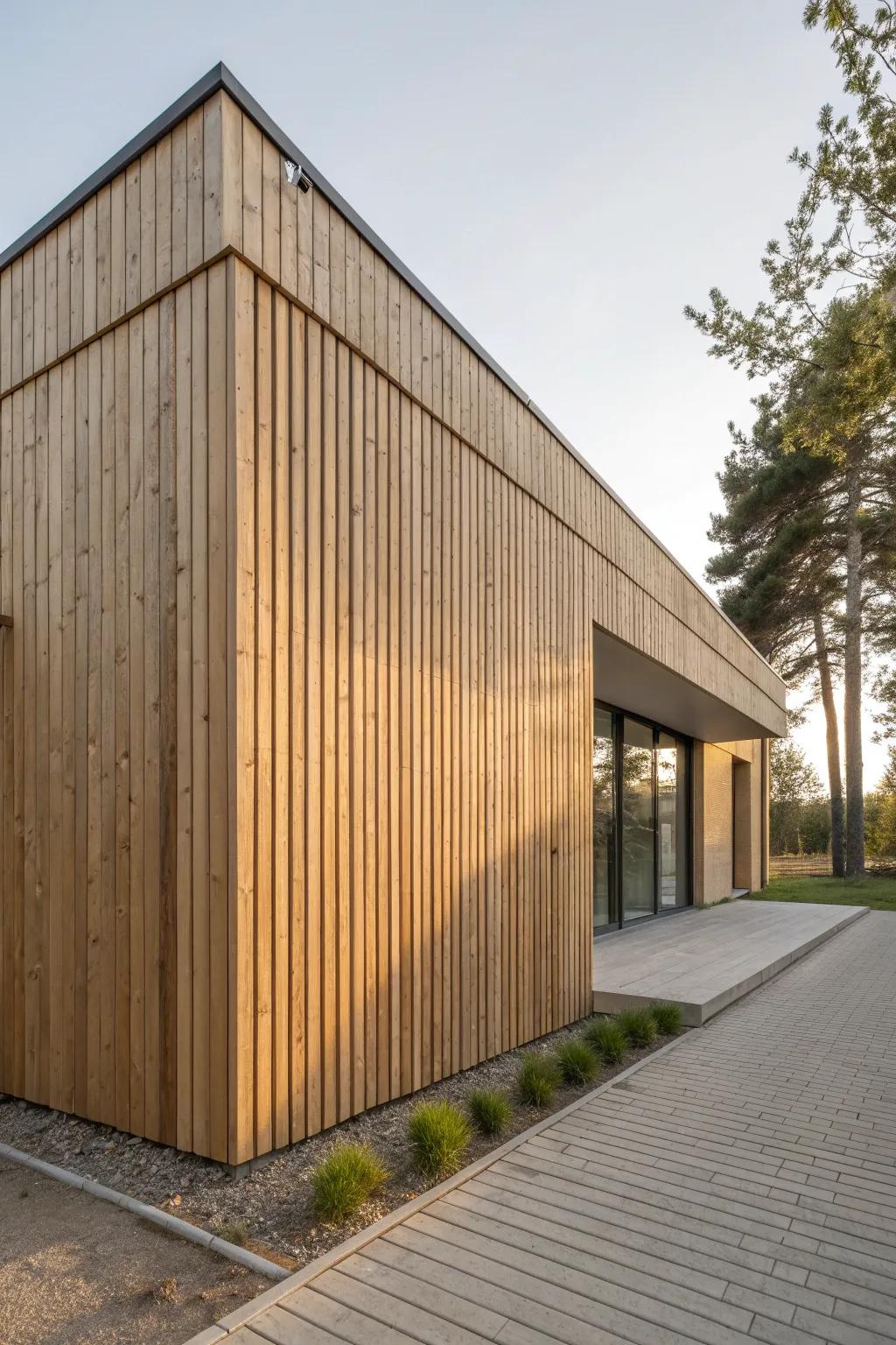 Angle-shifted wood cladding adds depth—vertical meets horizontal for clean, crafted contrast.