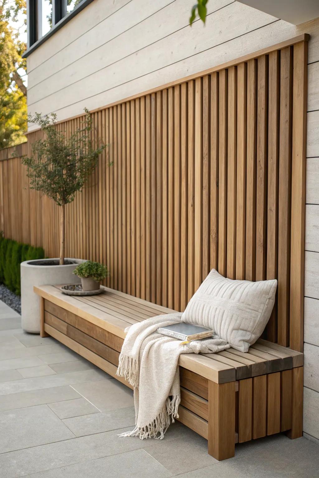 Space-saving exterior slat wall with a built-in bench back—warm wood, clean lines, cozy comfort.