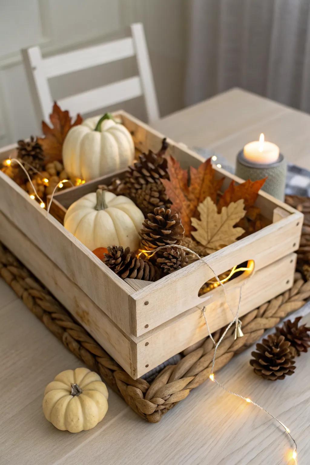 A cozy fall crate glow: pinecones, soft leaves, and twinkling lights under mini pumpkins.