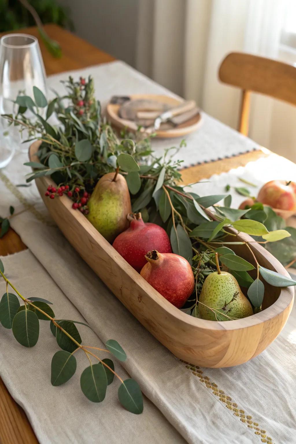 Pomegranates and pears tucked into greenery for an old-world fall centerpiece on wood.