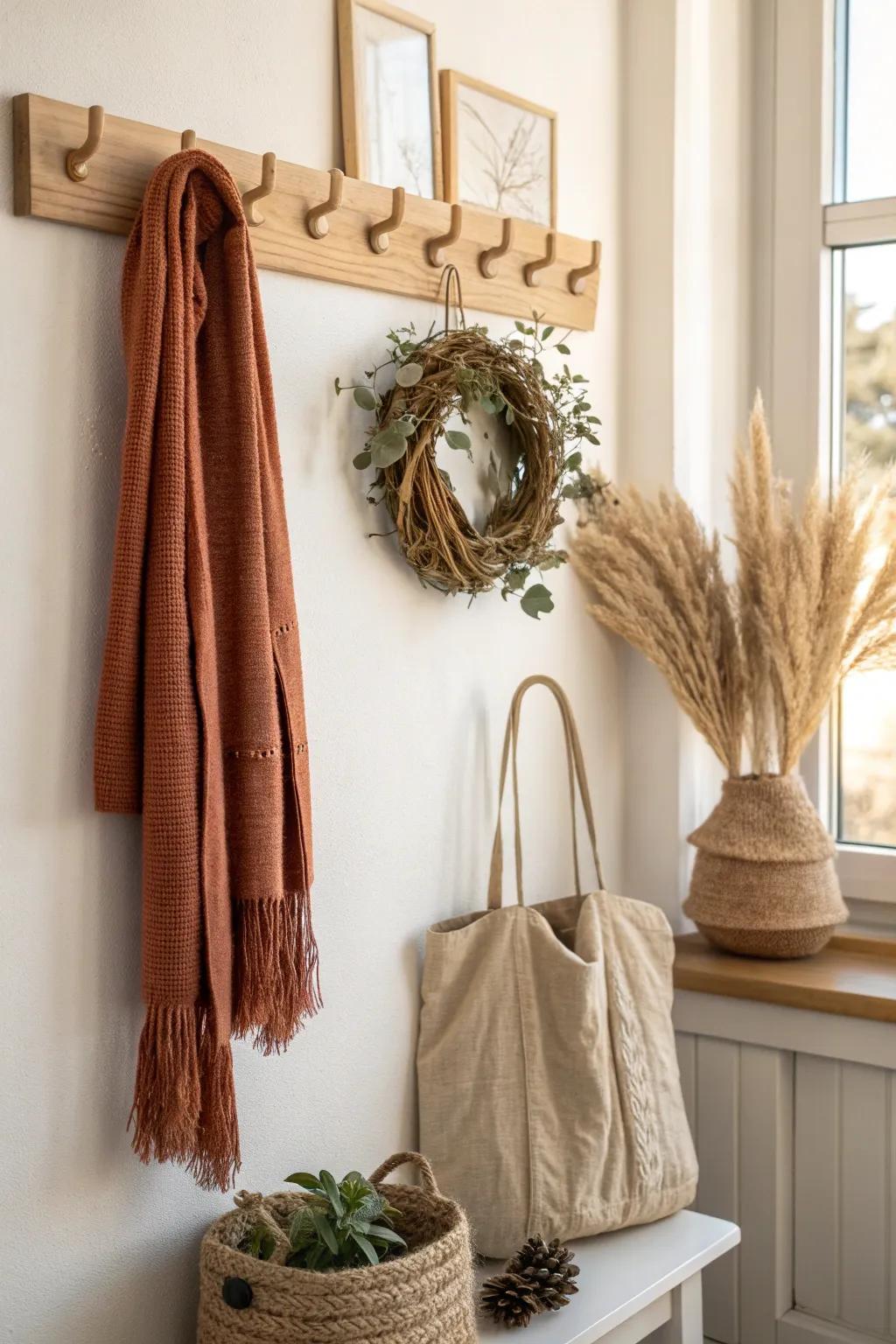 Warm fall entryway: a handmade oak peg rail styled with cozy scarves, a petite wreath, and tote.
