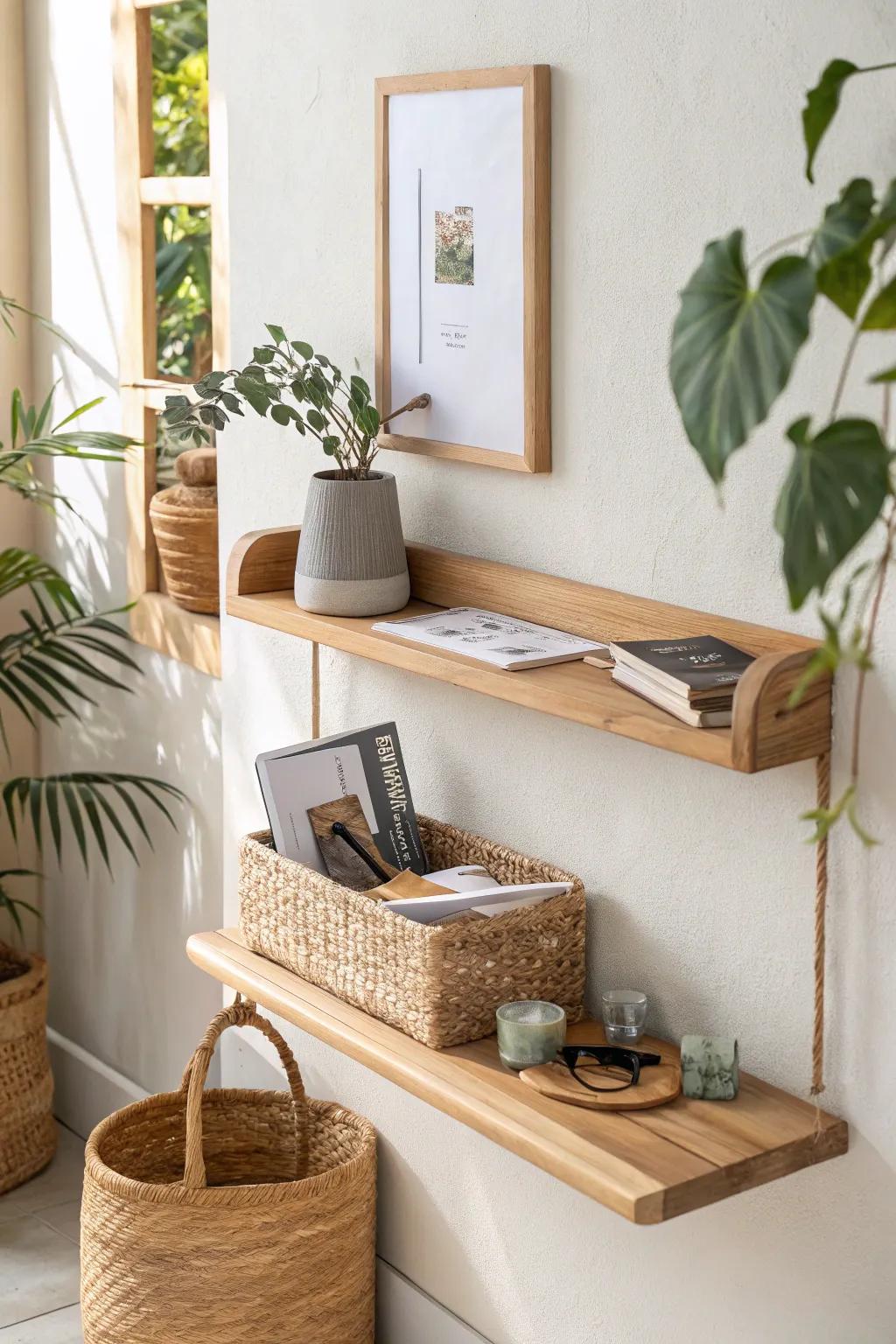 A slim wood drop-zone shelf keeps backpacks and mail off the family dining table.