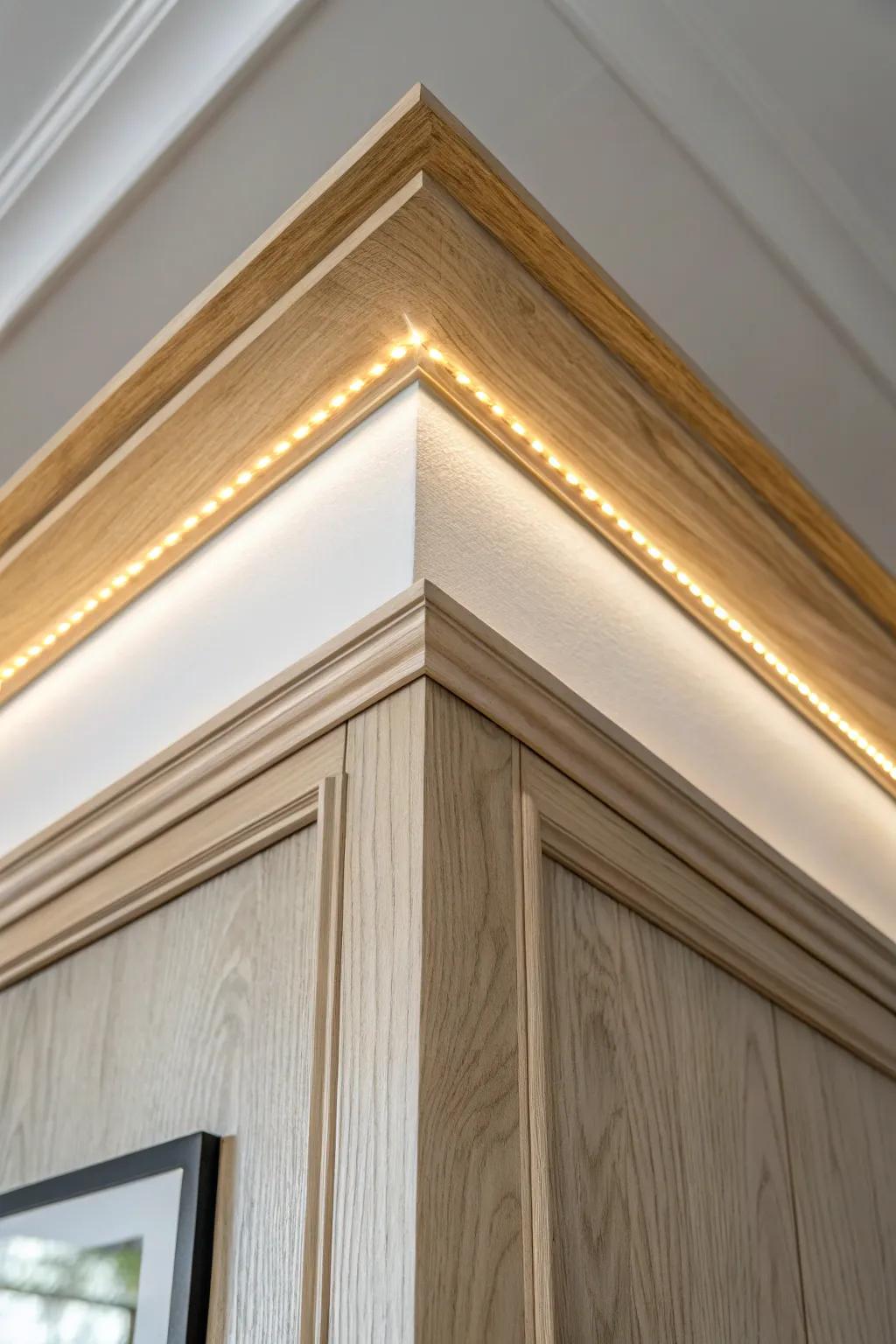 Warm LED perimeter glow hidden in simple oak trim—minimal, cozy, and high-end on a budget.