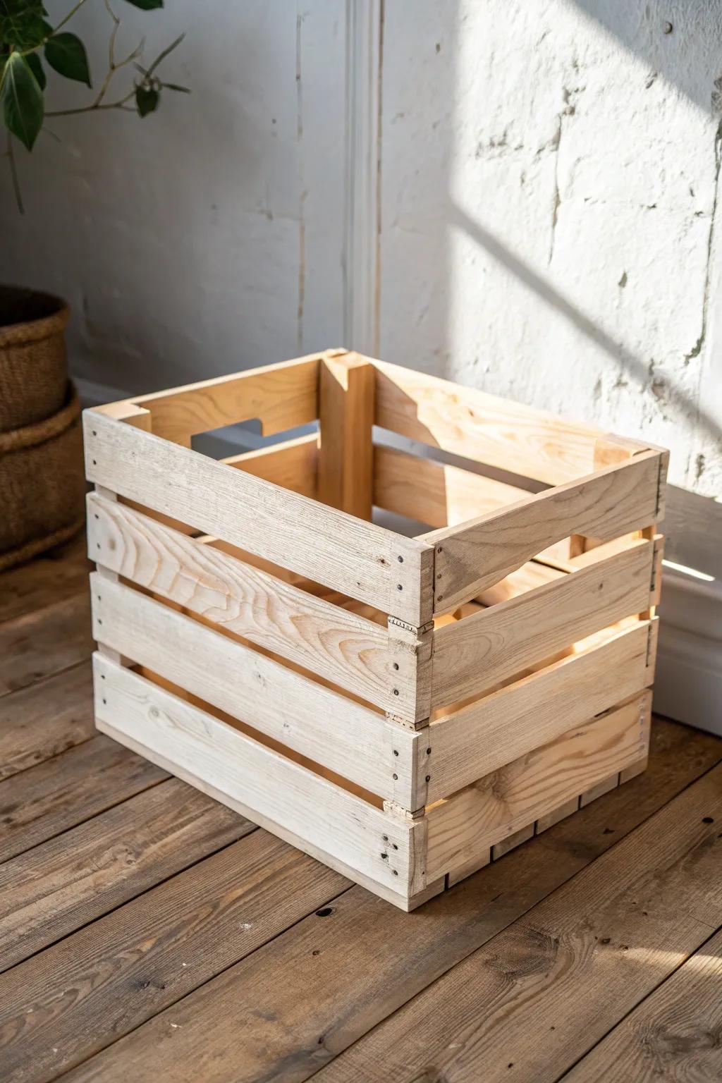 Handcrafted wooden crate display—rustic, flexible, and beautifully minimal for a farm shop wall.