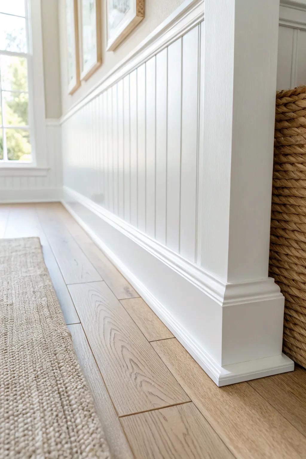 Simple farmhouse baseboard meets beadboard wainscoting—clean lines that let the paneling shine.