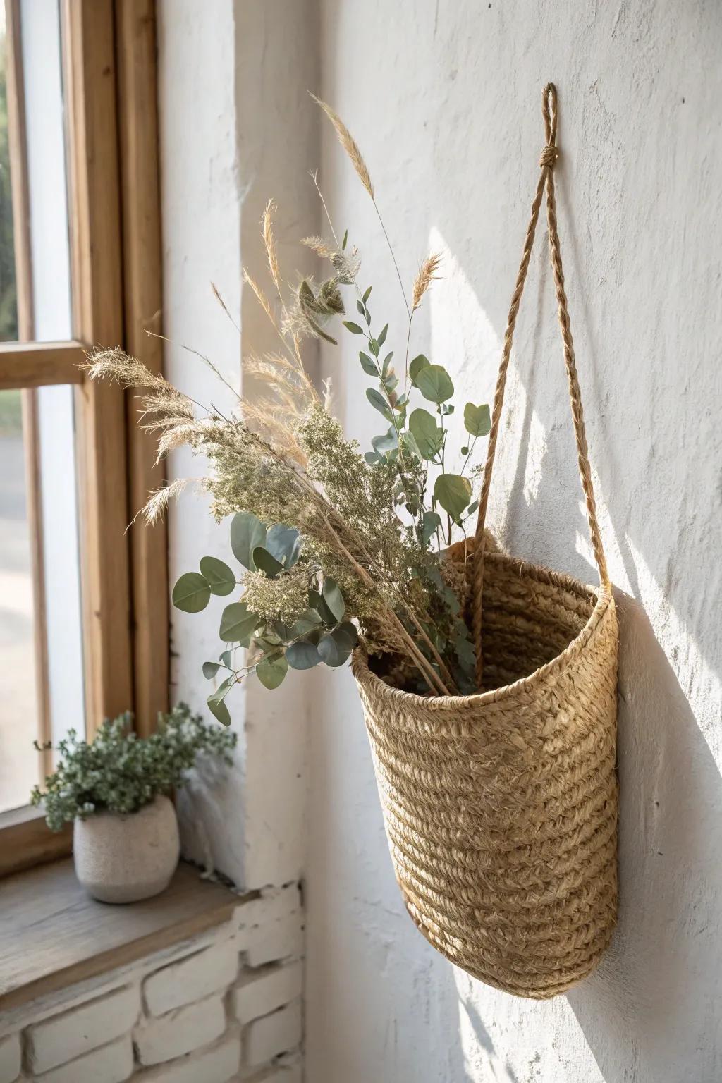 A woven wall pocket basket with eucalyptus adds effortless farmhouse greenery—simple and serene.