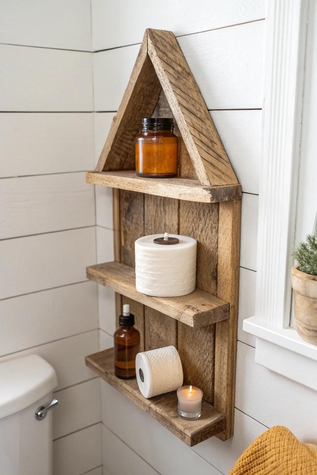 Scrap-wood corner shelves: a cozy farmhouse way to store candles, jars, and extra TP.