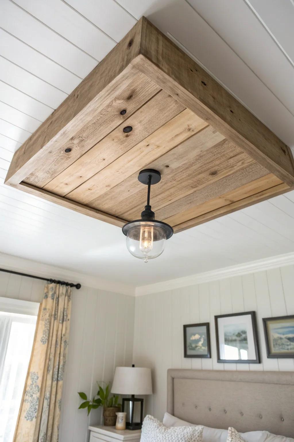 A scrap-wood ceiling canopy instantly upgrades a plain light for a cozy farmhouse look on a budget.