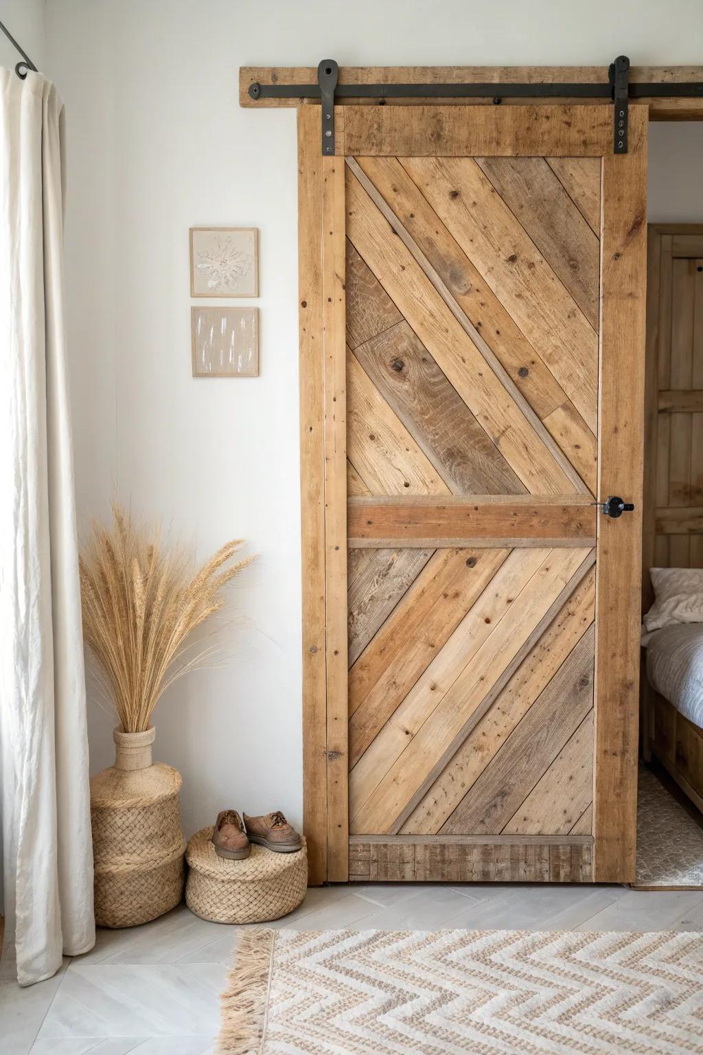 Reclaimed wood patchwork closet door—rustic story, modern calm, and beautiful grain contrast.