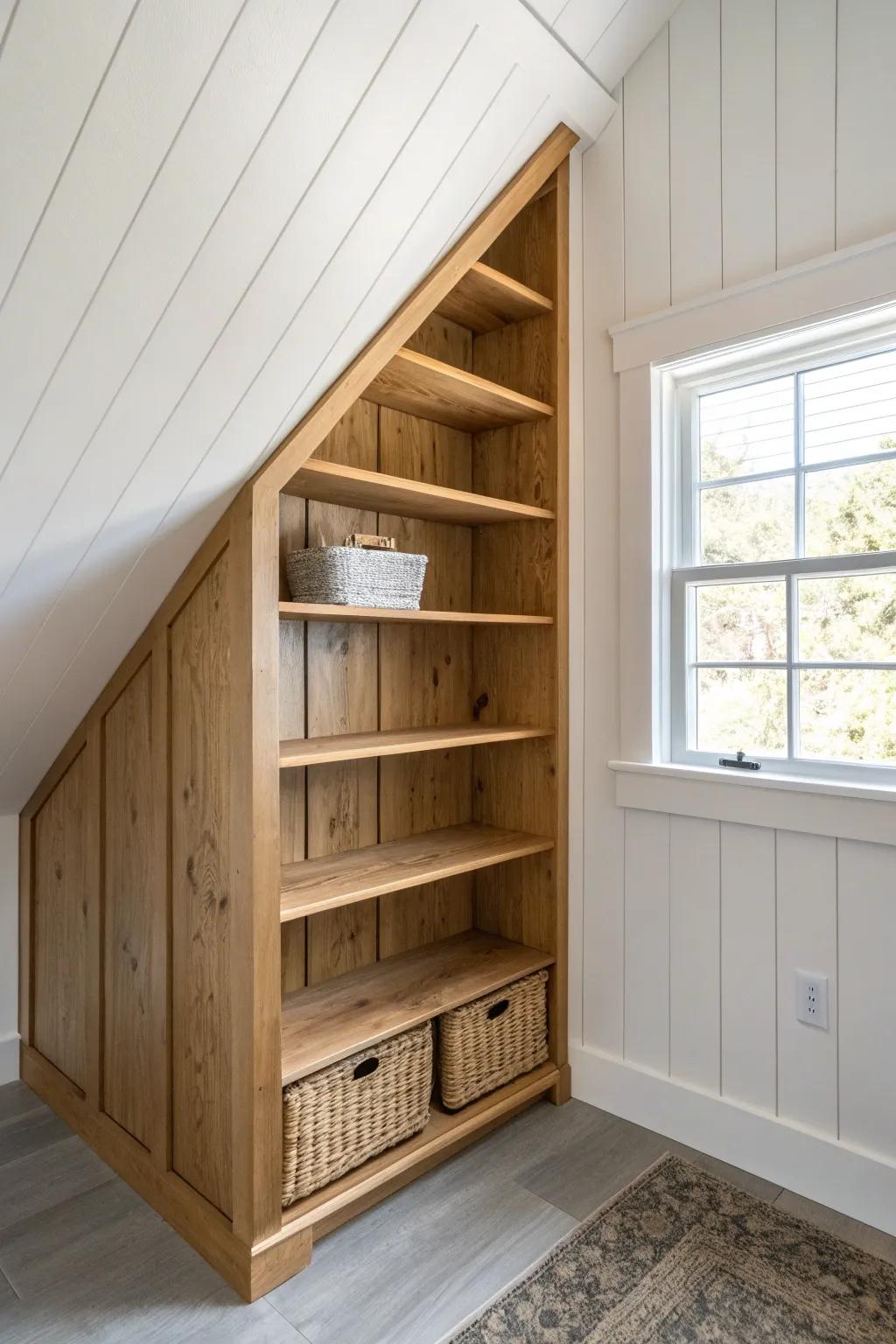 Custom angled shelves turn awkward sloped closet corners into a warm, built-in farmhouse win.