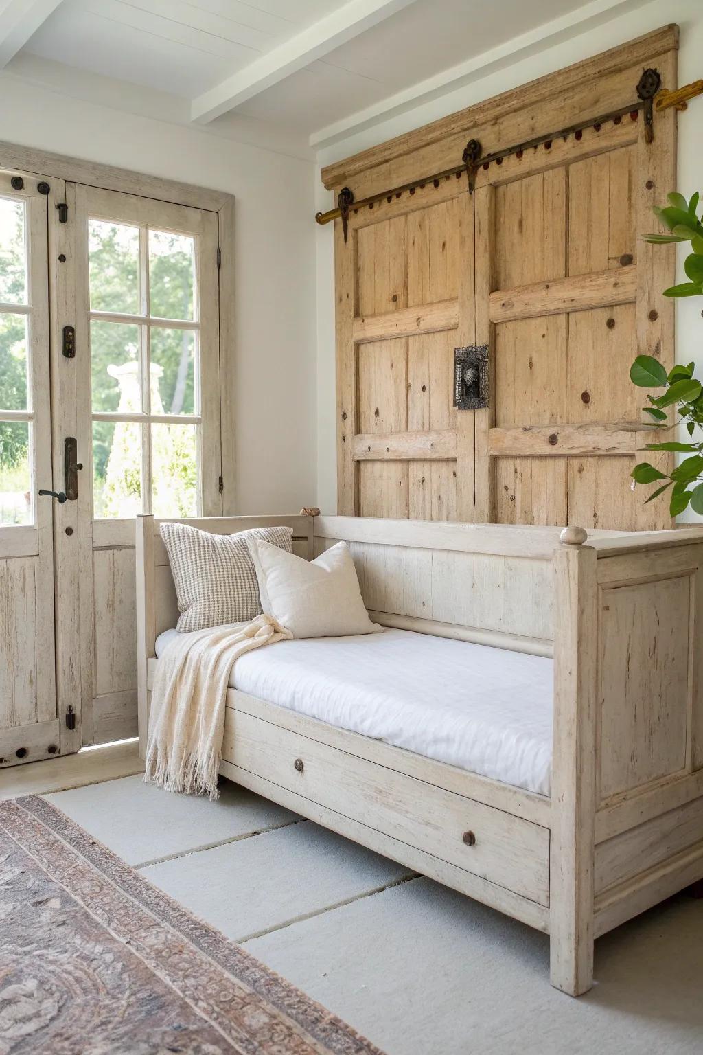 Farmhouse daybed with a reclaimed door backrest—minimal, warm, and perfectly one-of-a-kind.