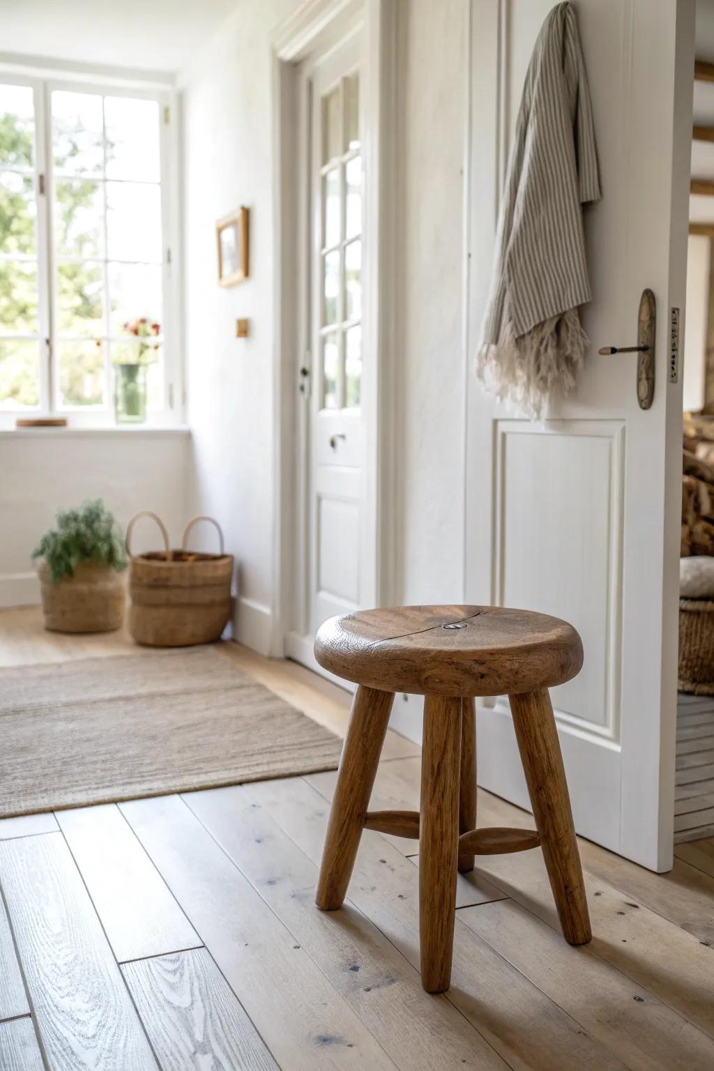 Shop your house: a simple wooden stool moved room-to-room for instant farmhouse charm.
