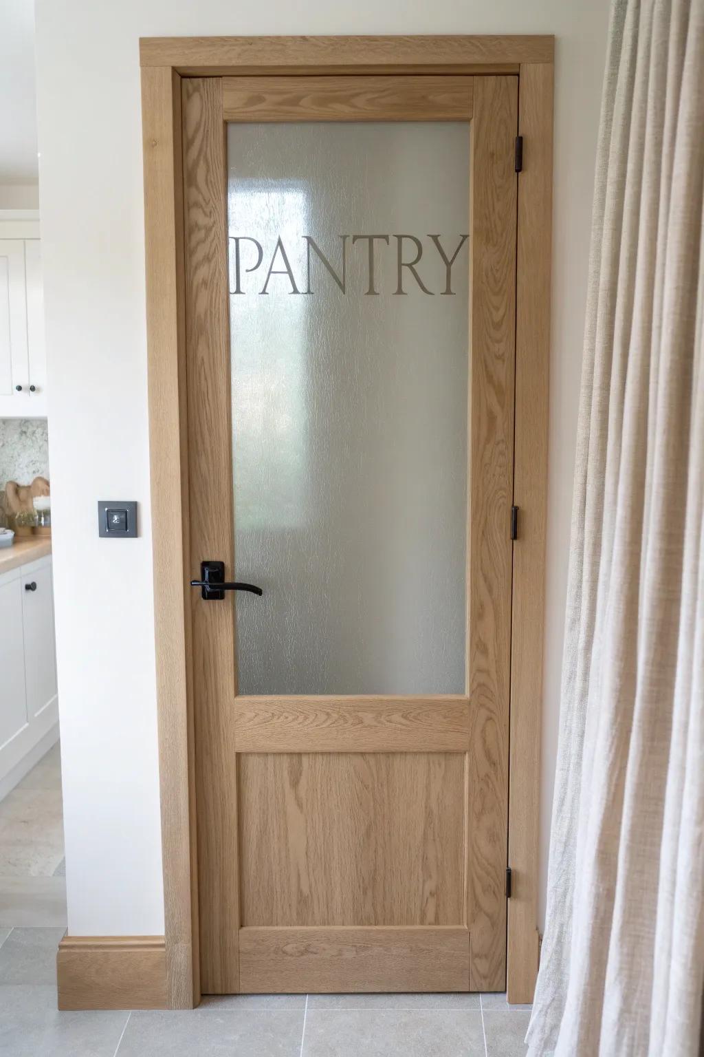 Light oak farmhouse pantry door with frosted glass and etched “PANTRY” for calm, hidden storage.