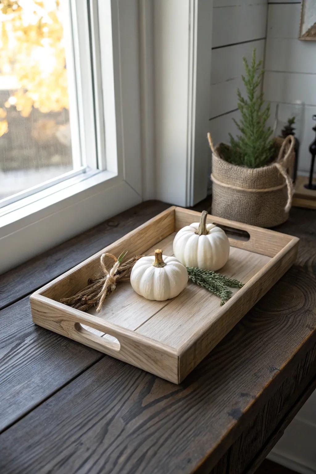 One wooden swap tray lets your entry table shift seasons—pumpkins today, pine tomorrow.
