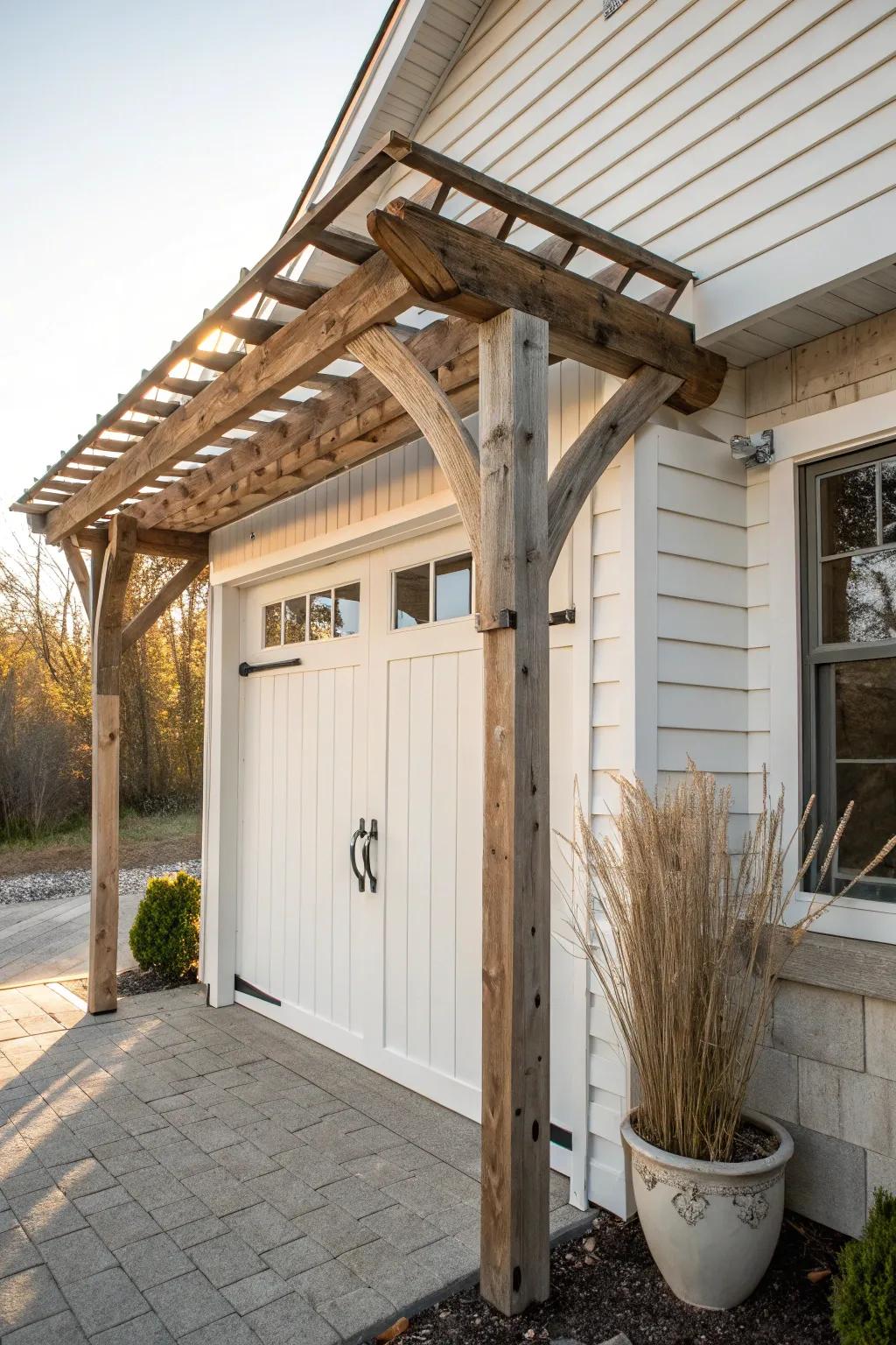 A simple reclaimed-wood pergola adds farmhouse depth, shadow, and custom curb appeal.