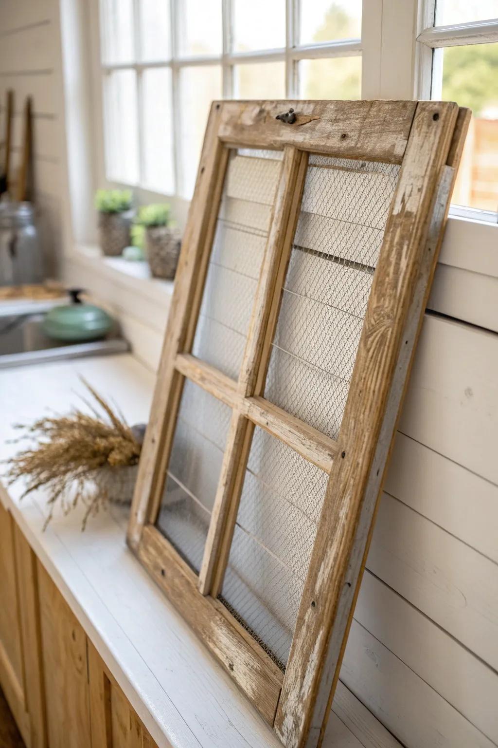 A rescued vintage window screen adds instant farmhouse history by the kitchen window.